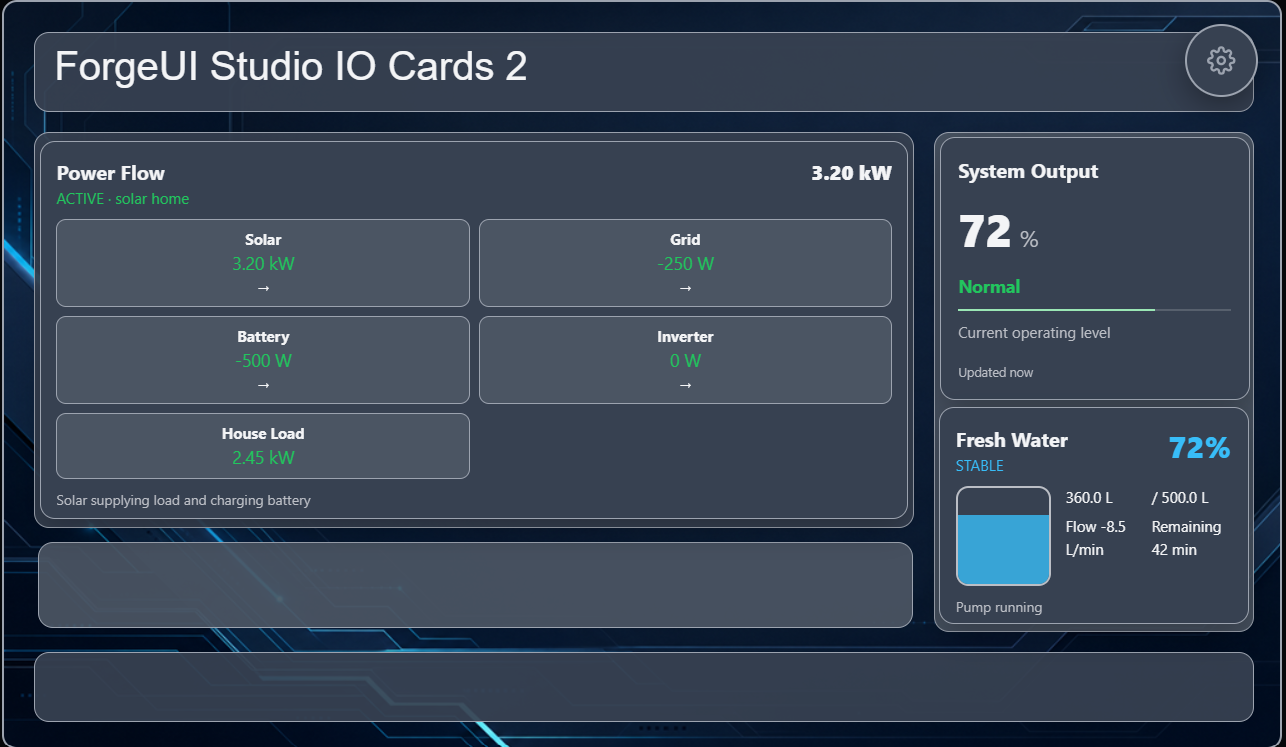 ForgeUI Studio Canvas showing Power Flow Card, KPI Card and Tank Level Card